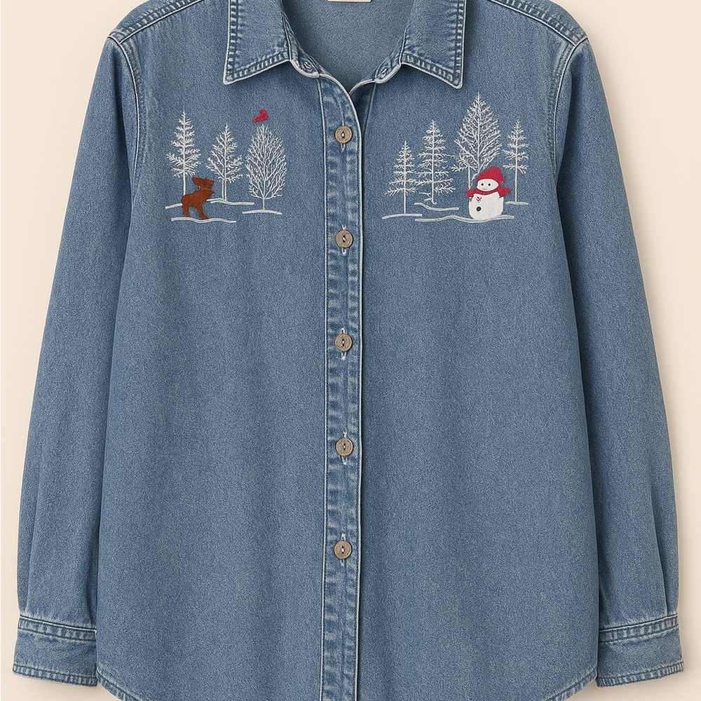 Vintage Decorated Originals Denim Shirt Jacket XL Snowman Moose  90s Holiday